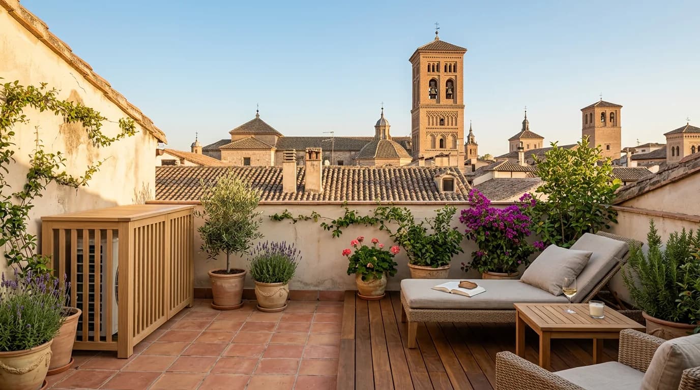 Azotea cuidada en el casco histórico de Alcalá de Henares con vistas a tejados de teja y la unidad exterior de aire acondicionado oculta en un cerramiento de madera