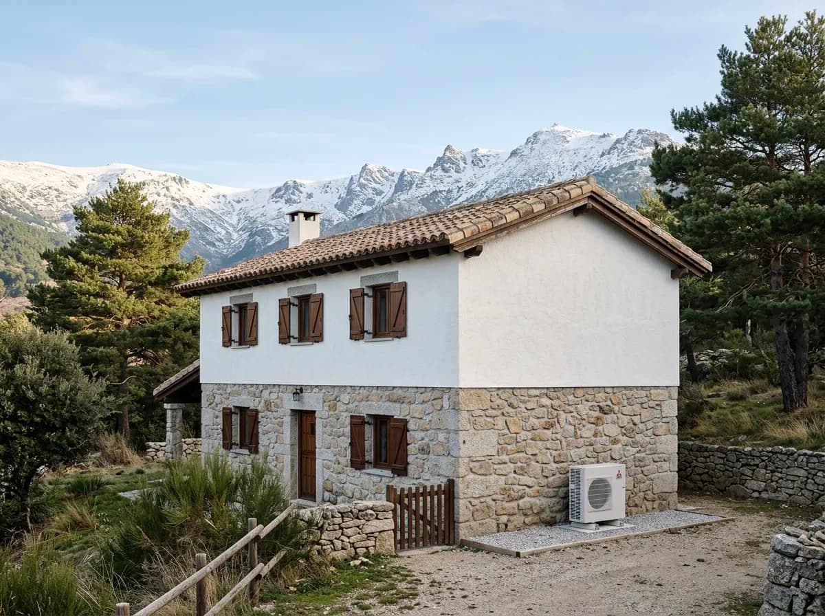 Vivienda de piedra y fachada blanca con unidad exterior de aire acondicionado y la sierra nevada al fondo