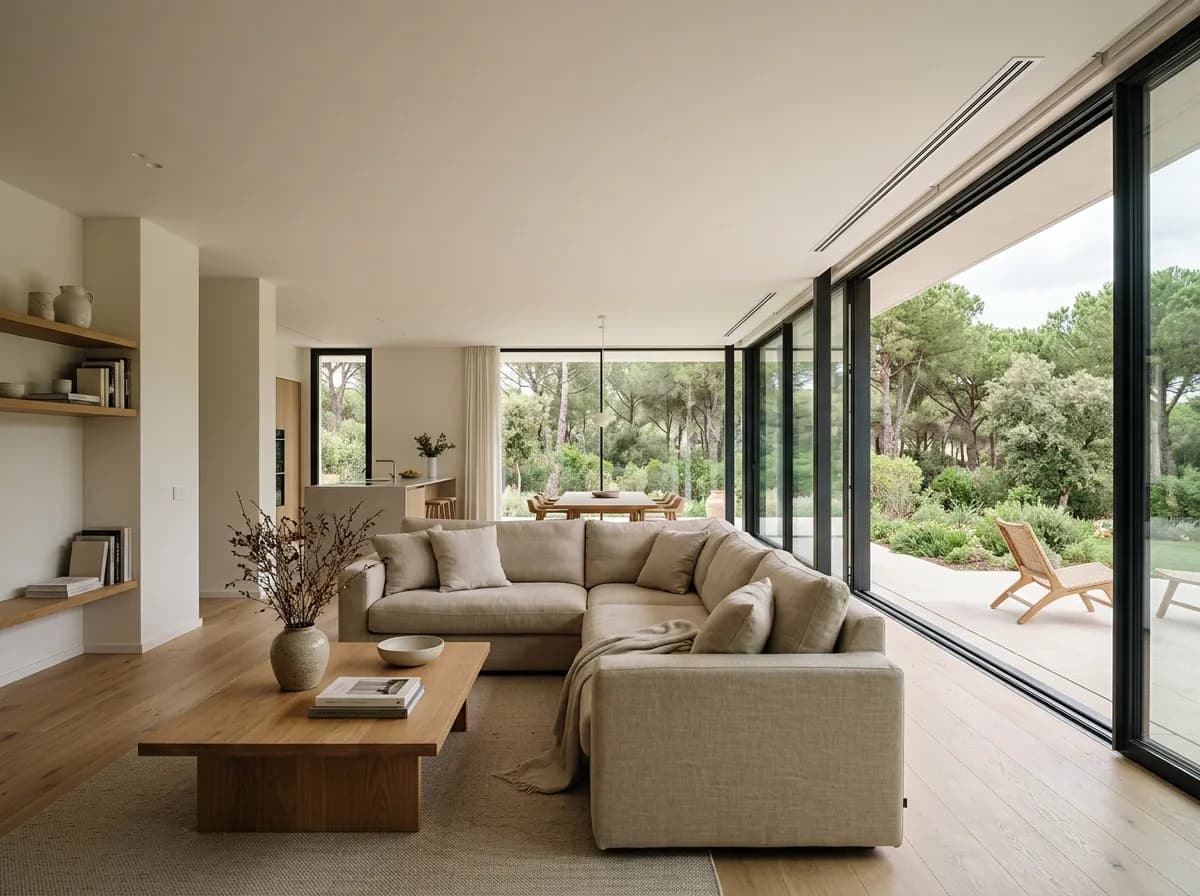 Salón amplio de un chalet con rejilla lineal de aire acondicionado en el techo y vistas al jardín