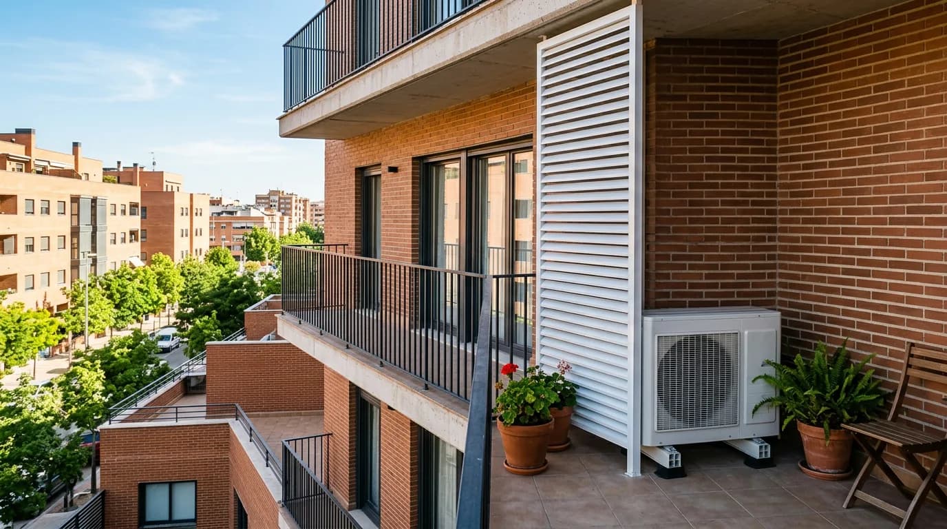 Terraza abierta de un bloque de ladrillo en Getafe con la unidad exterior de aire acondicionado apoyada en el suelo junto a una celosía blanca de lamas