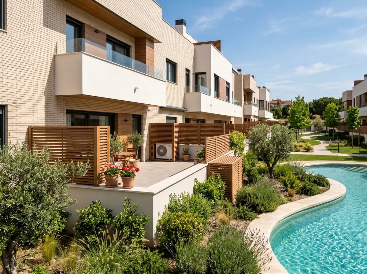 Terraza de una urbanización con unidad exterior de aire acondicionado integrada tras una celosía de madera