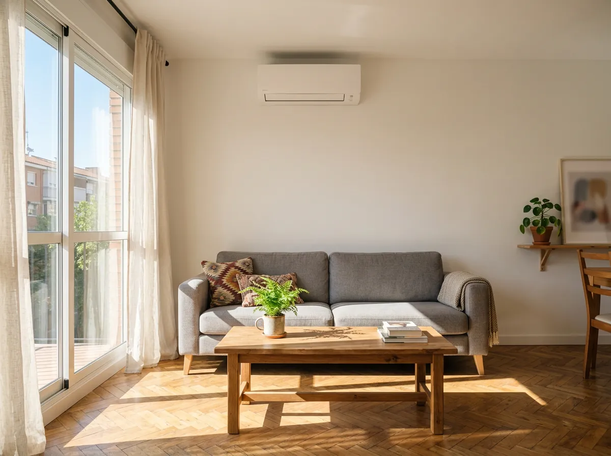 Salón soleado de un piso con un split de aire acondicionado instalado en la pared y cortinas de lino