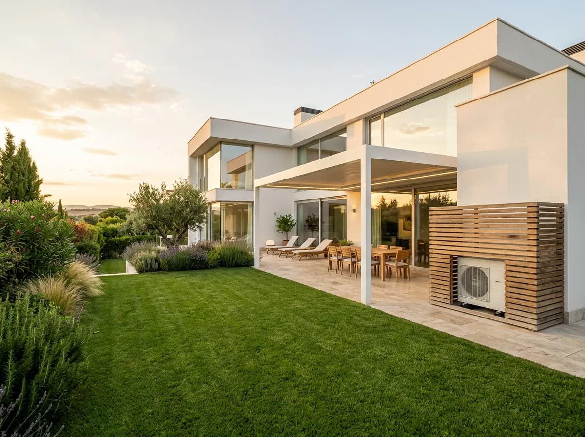 Jardín de un chalet con unidad exterior de aire acondicionado oculta tras lamas de madera