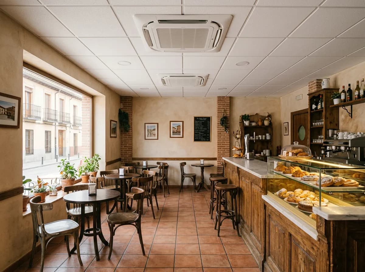 Cafetería de barrio con una unidad cassette de aire acondicionado integrada en el falso techo