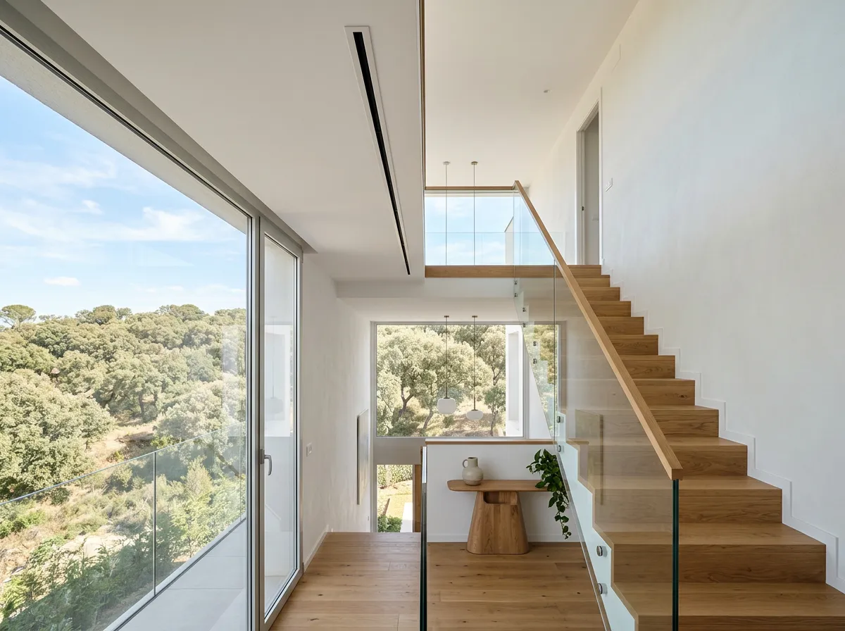 Casa de varias plantas con escalera de madera y difusor lineal de aire acondicionado integrado en el techo