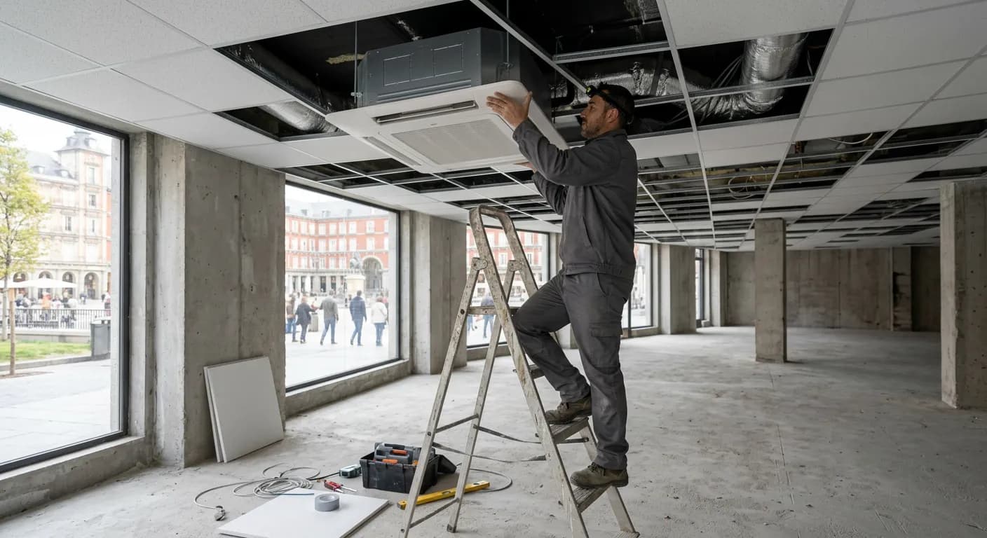 Técnico subido a una escalera colocando un cassette de techo en un local comercial en obra