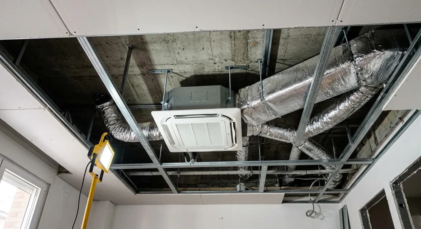 Máquina de aire por conductos y conductos aislados colgados en un falso techo abierto durante una obra