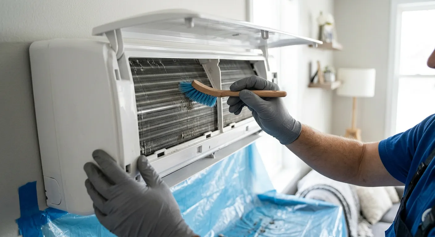 Técnico con guantes limpiando con un cepillo la batería de una unidad interior de split abierta