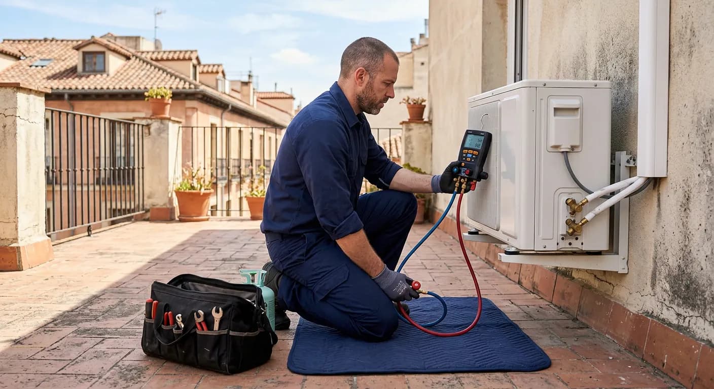 Técnico midiendo presiones con un manómetro digital en la unidad exterior de una terraza