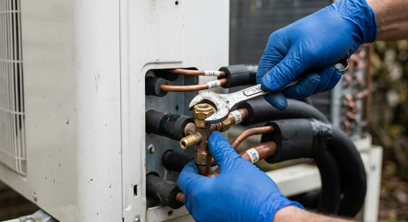 Manos con guantes azules apretando con una llave la conexión de las líneas de cobre aisladas de un multisplit