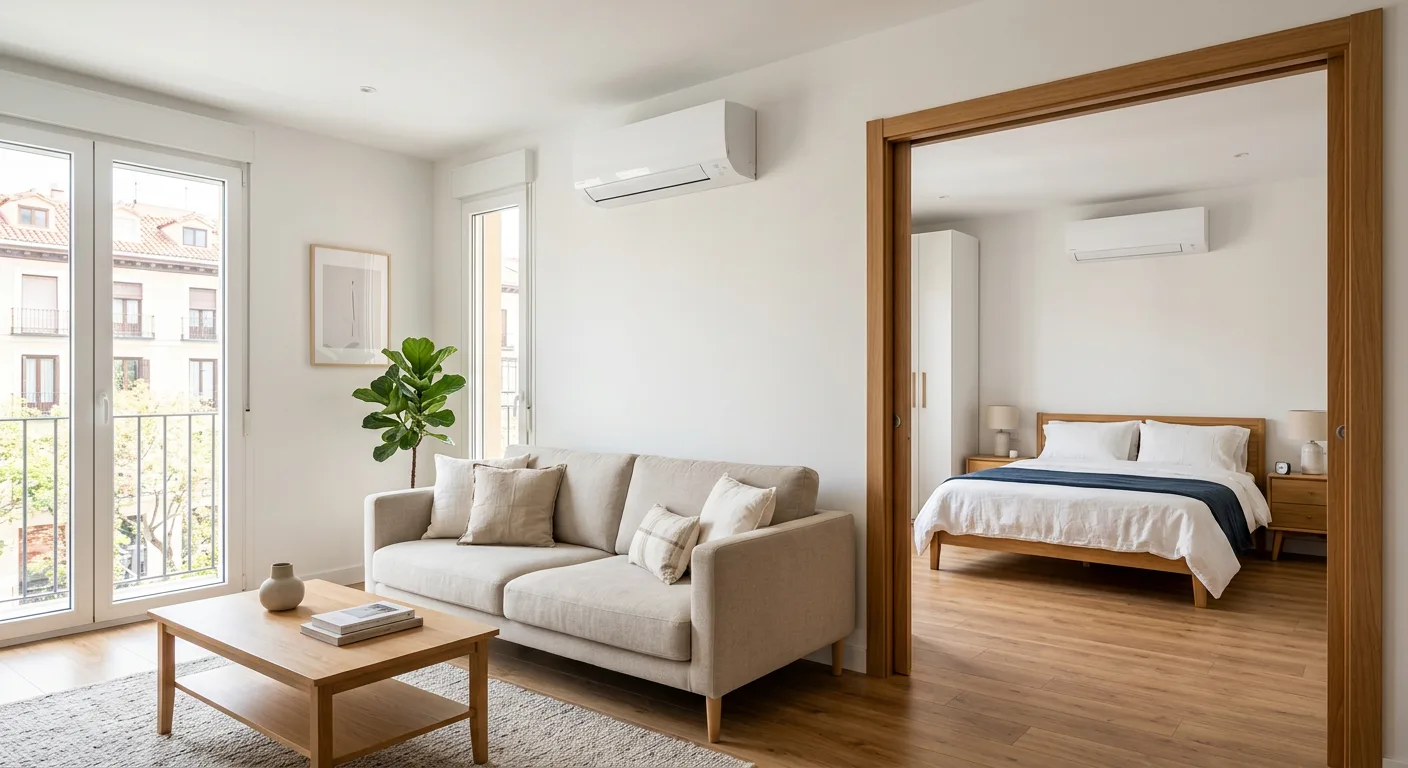 Dos splits de pared de un multisplit, uno en el salón y otro en el dormitorio de un piso de Madrid
