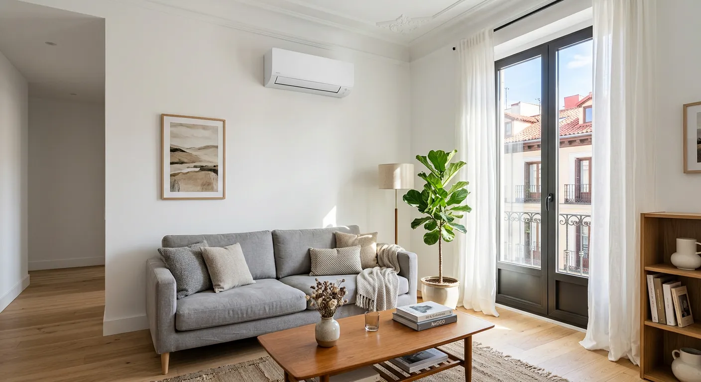 Split de pared instalado sobre el sofá de un salón luminoso de una vivienda en Madrid