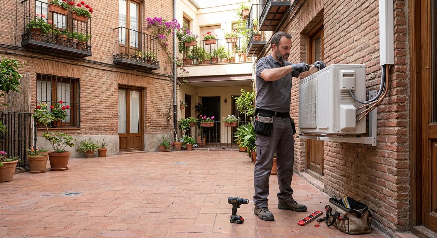 Técnico fijando la unidad exterior de un split sobre un soporte en la pared de ladrillo de un patio interior