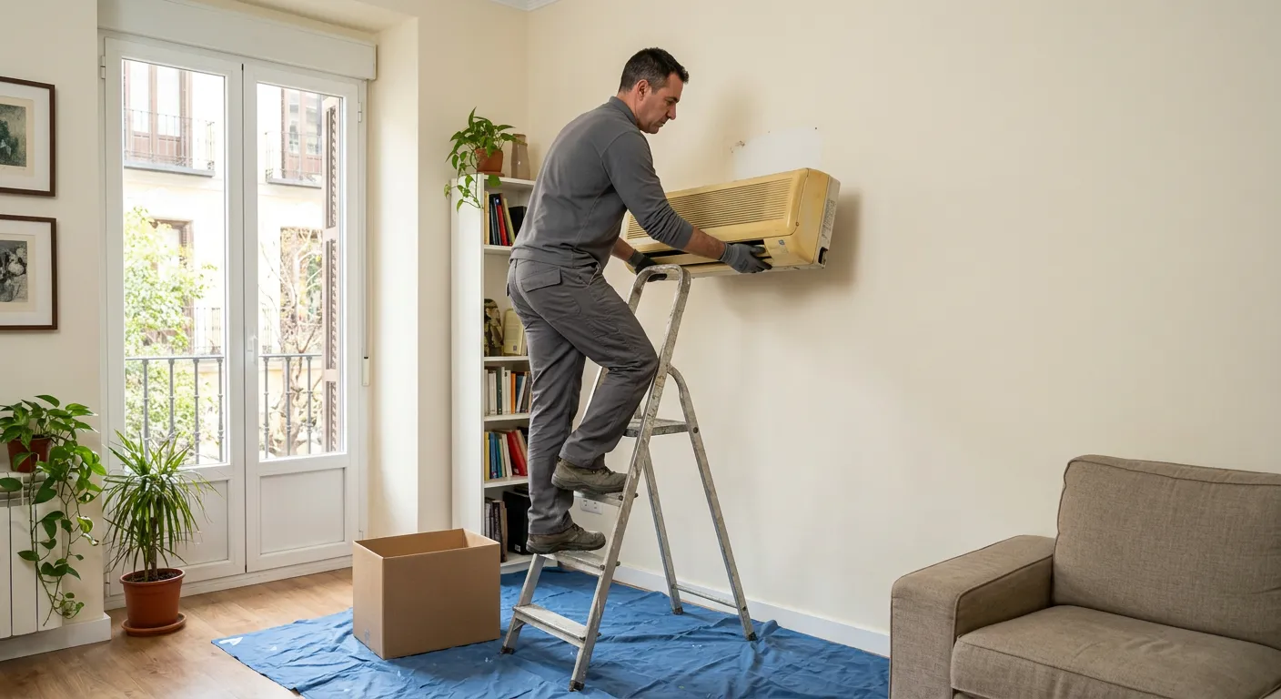 Técnico subido a una escalera desmontando un split antiguo del salón de una vivienda