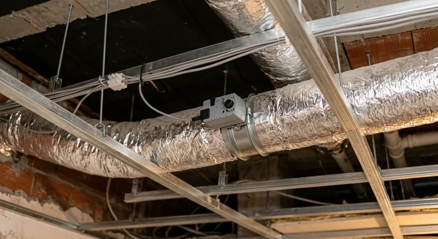 Compuerta motorizada con cableado instalada en un conducto aislado de aluminio dentro de un falso techo