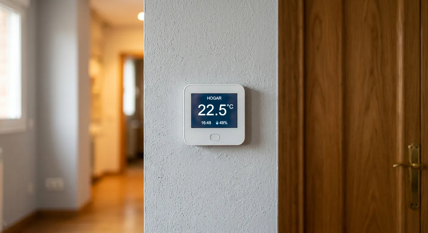 Termostato de zonificación instalado en la pared del pasillo de una vivienda