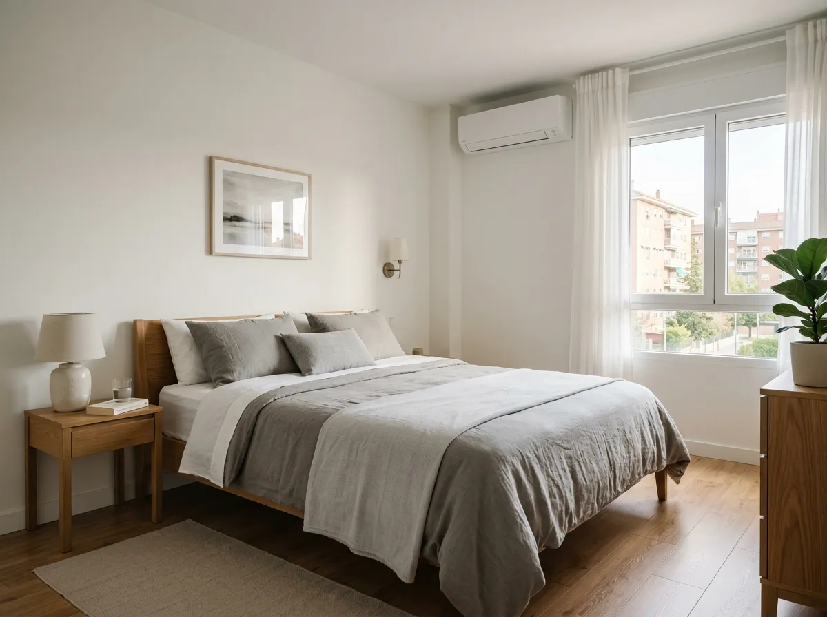 Dormitorio luminoso de un piso con un split de aire acondicionado instalado en la pared junto a la ventana