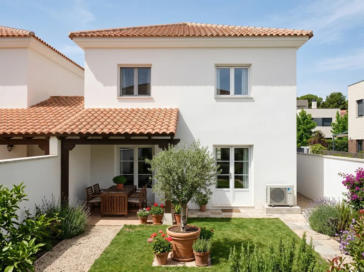 Casa pareada con porche y jardín trasero y una unidad exterior de aire acondicionado junto a la puerta