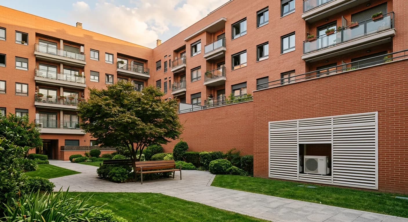 Patio comunitario ajardinado de un edificio de ladrillo en Leganés con las unidades exteriores de aire acondicionado integradas en un nicho con rejilla de lamas