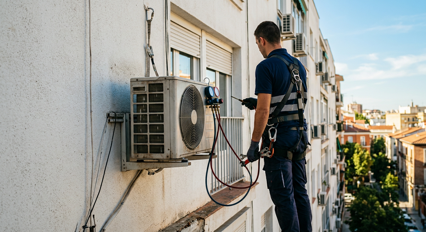 Técnico revisando la unidad exterior de un aire acondicionado